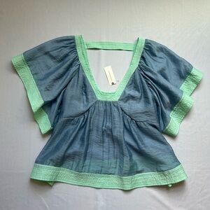 By Anthropologie Colorblock Babydoll Top Blue Green Medium